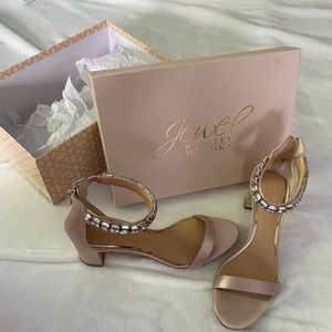 Badgley Mischka jewel Katrina short satin block heels blush and gold